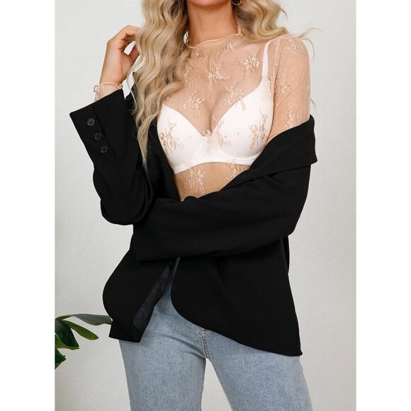 🆕Women’s Beige Polyamide Mesh Sheer Long Sleeve Mock Neck Lace Floral Top - Picture 4 of 5